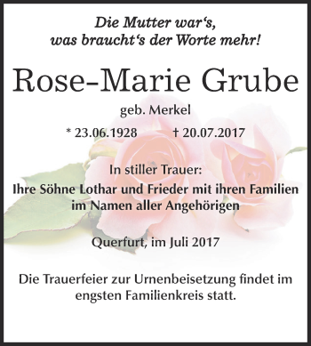 Traueranzeige von Rose Marie Grube von WVG - Wochenspiegel NMB / WSF / ZTZ