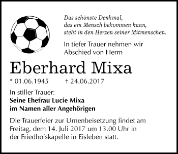Traueranzeige von Eberhard Mixa von Mitteldeutsche Zeitung Mansfelder Land