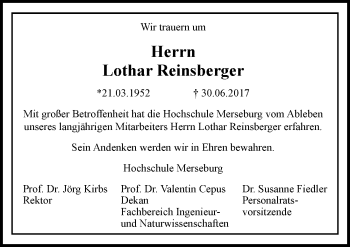 Traueranzeige von Lothar Reinsberger von Mitteldeutsche Zeitung Merseburg/Querfurt