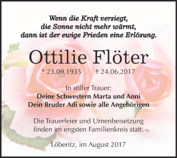Traueranzeige von Ottilie Flöter von WVG - Wochenspiegel Bitterfeld