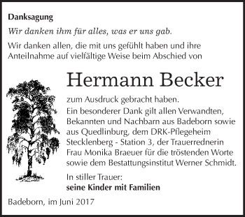 Traueranzeige von Hermann Becker von WVG - Wochenspiegel Quedlinburg