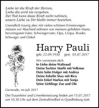 Traueranzeige von Harry Pauli von Mitteldeutsche Zeitung Quedlinburg