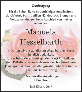 Traueranzeige von Manuela Hesselbarth von WVG - Wochenspiegel NMB / WSF / ZTZ