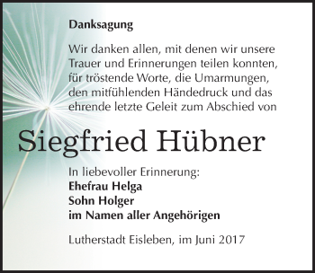 Traueranzeige von Siegfried Hübner von Mitteldeutsche Zeitung Mansfelder Land