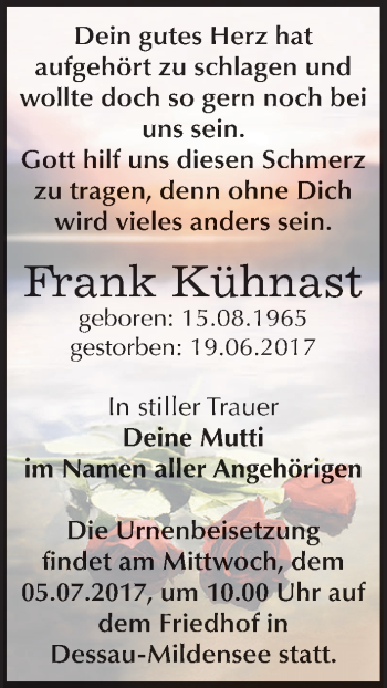 Traueranzeige von Frank Kühnast von Mitteldeutsche Zeitung Dessau-Roßlau