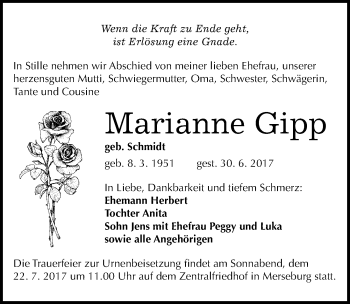 Traueranzeige von Marianne Gipp von Mitteldeutsche Zeitung Merseburg/Querfurt