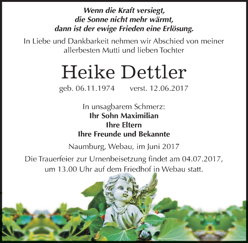  Traueranzeige für Heike Dettler vom 01.07.2017 aus Mitteldeutsche Zeitung Weißenfels