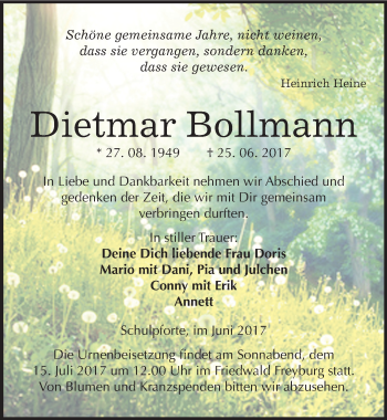 Traueranzeige von Dietmar Bollmann von Mitteldeutsche Zeitung Naumburg/Nebra