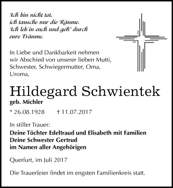 Traueranzeige von Hildegard Schwientek von Mitteldeutsche Zeitung Merseburg/Querfurt