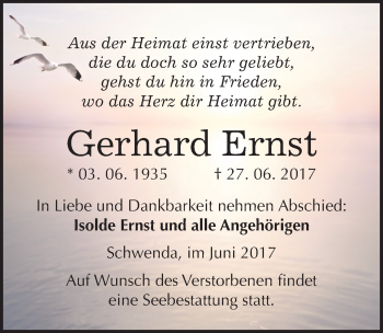 Traueranzeige von Gerhard Ernst von Mitteldeutsche Zeitung Sangerhausen