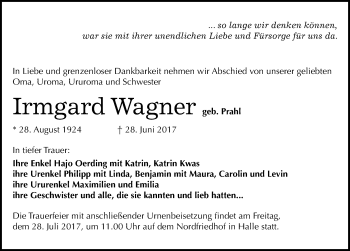Traueranzeige von Irmgard Wagner von Mitteldeutsche Zeitung