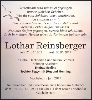 Traueranzeige von Lothar Reinsberger von Mitteldeutsche Zeitung Merseburg/Querfurt