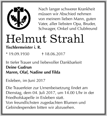 Traueranzeige von Helmut Strahl von Mitteldeutsche Zeitung Mansfelder Land