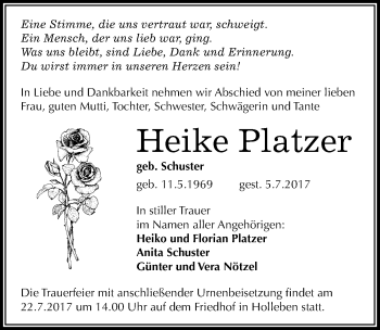Traueranzeige von Heike Platzer von Mitteldeutsche Zeitung Halle/Saalkreis