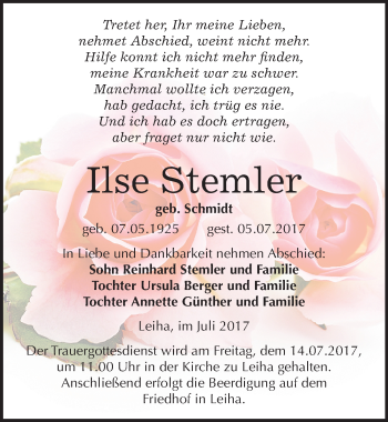 Traueranzeige von Ilse Stemler von Mitteldeutsche Zeitung Merseburg/Querfurt