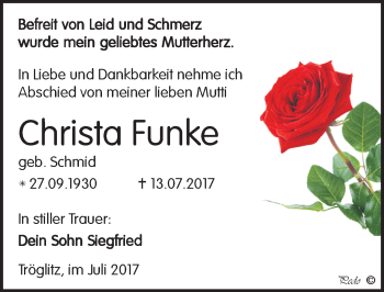 Traueranzeige von Christa Funke von Mitteldeutsche Zeitung Zeitz