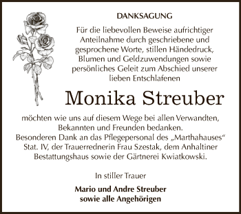 Traueranzeige von Monika Streuber von WVG - Wochenspiegel Dessau / Köthen