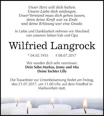Traueranzeige von Wilfried Langrock von WVG - Wochenspiegel NMB / WSF / ZTZ