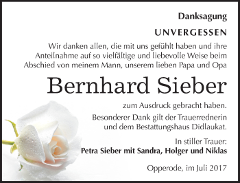 Traueranzeige von Bernhard Sieber von Mitteldeutsche Zeitung Quedlinburg