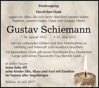 Traueranzeige von Gustav Schiemann von WVG - Wochenspiegel NMB / WSF / ZTZ