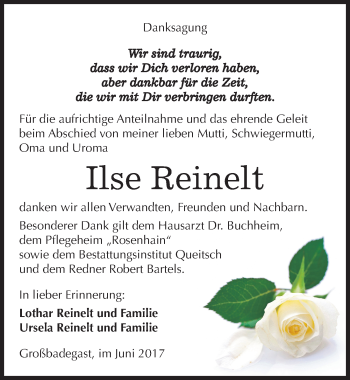 Traueranzeige von Ilse Reinelt von Mitteldeutsche Zeitung Köthen