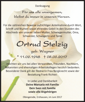 Traueranzeige von Ortrud Stelzig von Mitteldeutsche Zeitung Sangerhausen