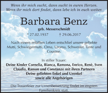 Traueranzeige von Barbara Benz von Mitteldeutsche Zeitung Merseburg/Querfurt