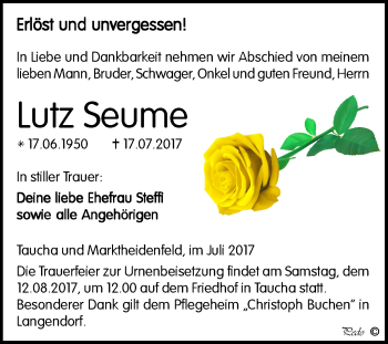 Traueranzeige von Lutz Seume von Mitteldeutsche Zeitung Weißenfels