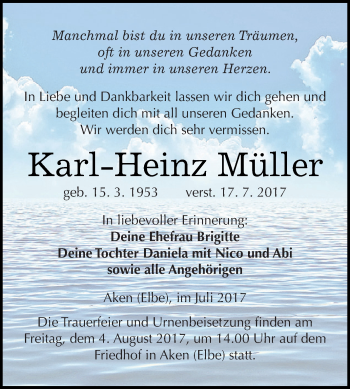 Traueranzeige von Karl-Heinz Müller von WVG - Wochenspiegel Dessau / Köthen