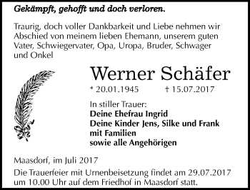 Traueranzeige von Werner Schäfer von Mitteldeutsche Zeitung Köthen