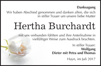 Traueranzeige von Hertha Burchardt von Mitteldeutsche Zeitung Sangerhausen
