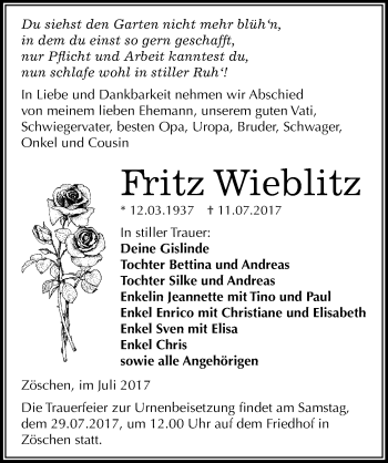 Traueranzeige von Fritz Wieblitz von Mitteldeutsche Zeitung Merseburg/Querfurt