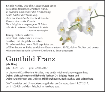 Traueranzeige von Gunthild Franz von WVG - Wochenspiegel Bitterfeld