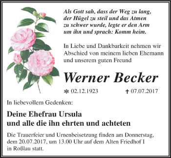 Traueranzeige von Werner Becker von Mitteldeutsche Zeitung Dessau-Roßlau