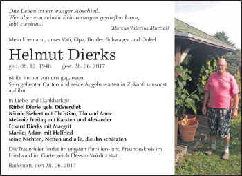 Traueranzeige von Helmut Dierks von WVG - Wochenspiegel Quedlinburg