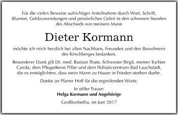 Traueranzeige von Dieter Kormann von Mitteldeutsche Zeitung Weißenfels