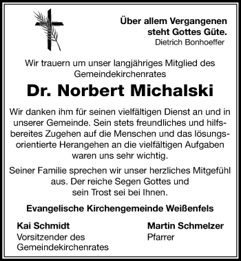 Traueranzeige von Norbert Michalski von Mitteldeutsche Zeitung Weißenfels