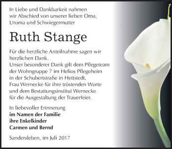 Traueranzeige von Ruth Stange von Mitteldeutsche Zeitung Mansfelder Land