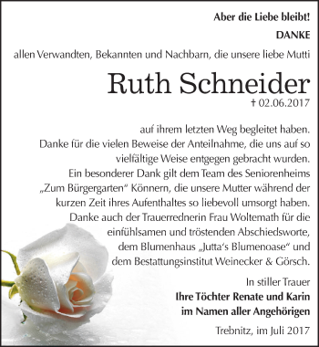 Traueranzeige von Ruth Schneider von Mitteldeutsche Zeitung Bernburg