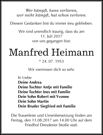 Traueranzeige von Manfred Heimann von Mitteldeutsche Zeitung Wittenberg