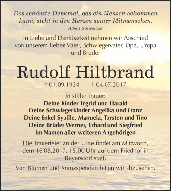 Traueranzeige von Rudolf Hiltbrand von WVG - Wochenspiegel Bitterfeld