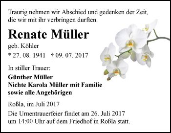Traueranzeige von Renate Müller von Super Sonntag SGH Mansf. Land
