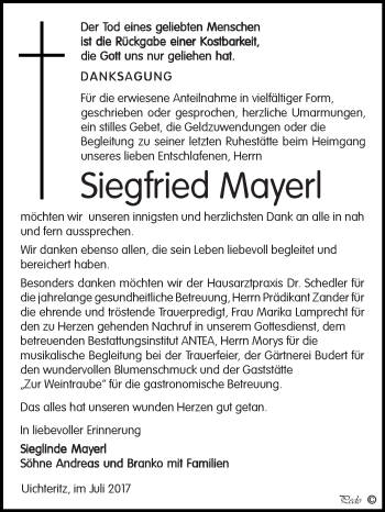 Traueranzeige von Siegfried Mayerl von WVG - Wochenspiegel NMB / WSF / ZTZ