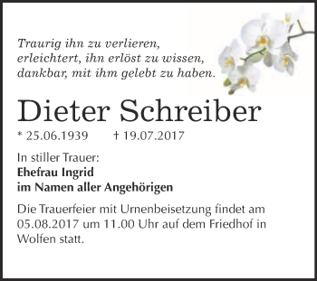 Traueranzeige von Dieter Schreiber von WVG - Wochenspiegel Bitterfeld