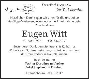 Traueranzeige von Eugen Witt von WVG - Wochenspiegel Wittenberg