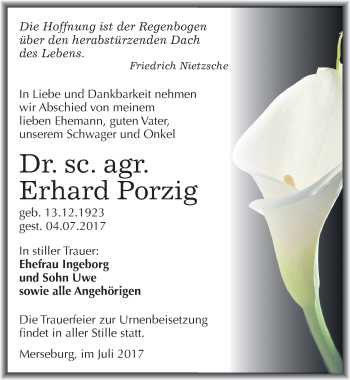 Traueranzeige von Erhard Porzig von Mitteldeutsche Zeitung Merseburg/Querfurt