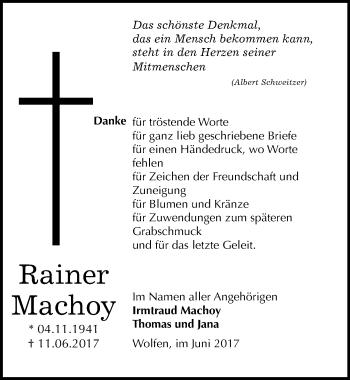 Traueranzeige von Rainer Machoy von Mitteldeutsche Zeitung Bitterfeld
