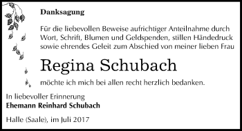Traueranzeige von Regina Schubach von Mitteldeutsche Zeitung Halle/Saalkreis