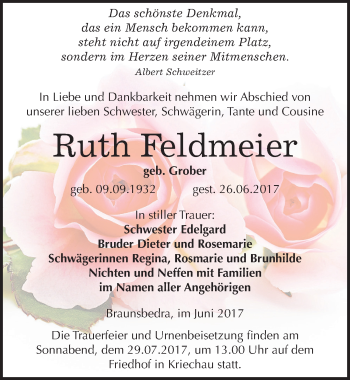 Traueranzeige von Ruth Feldmeier von Mitteldeutsche Zeitung Merseburg/Querfurt