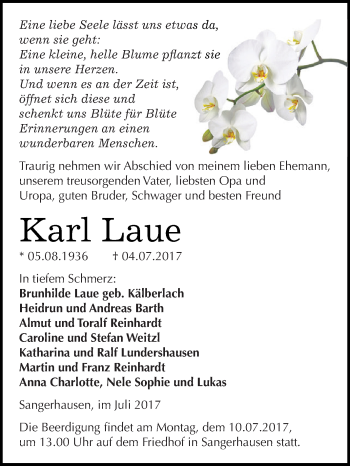 Traueranzeige von Karl Laue von Super Sonntag SGH Mansf. Land